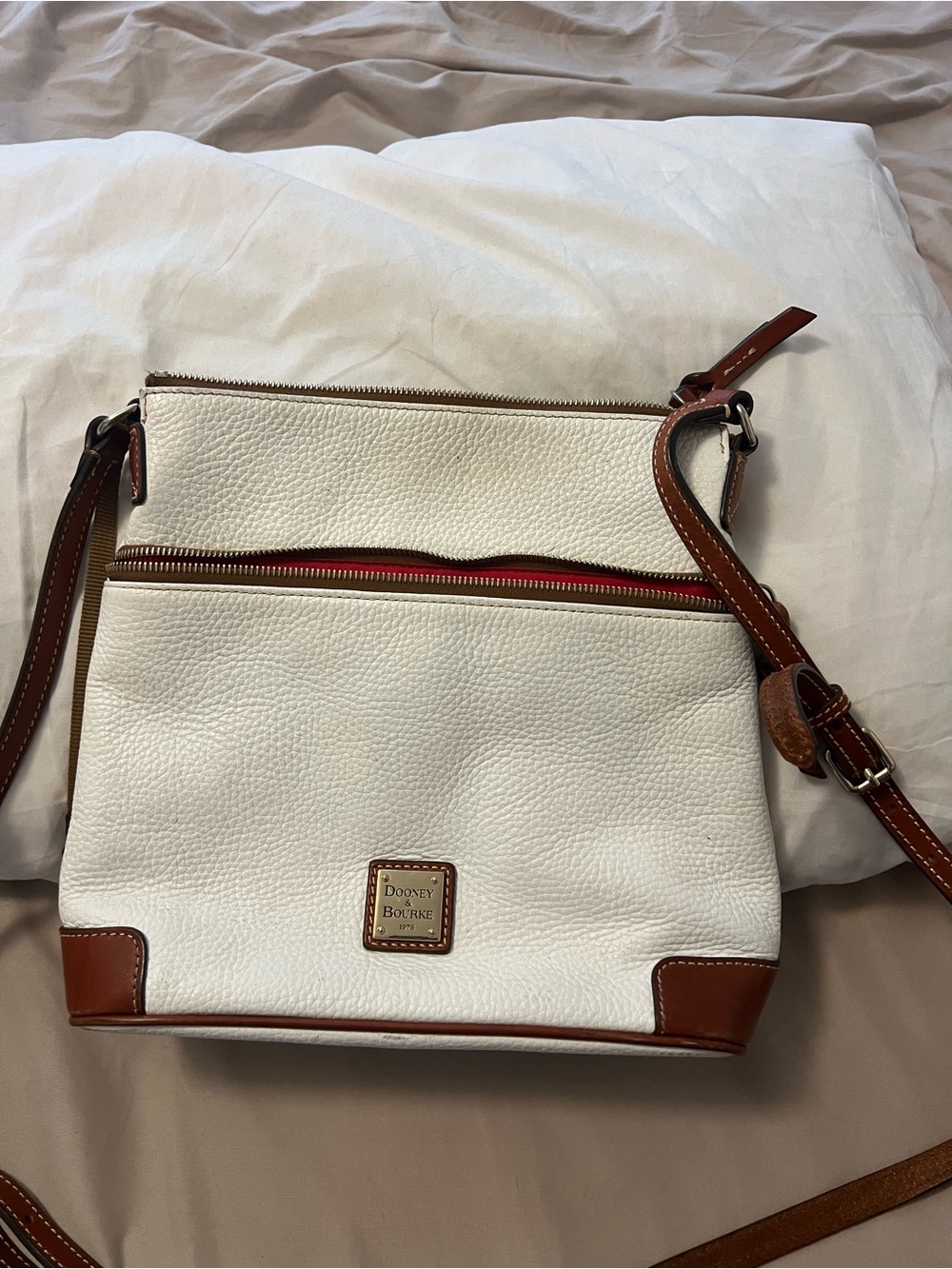 Dooney & Bourke White Pebbled Leather Crossbody with Brown Trim